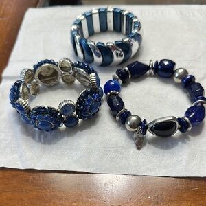 Stylish stretch bracelets, shades of blues and silver